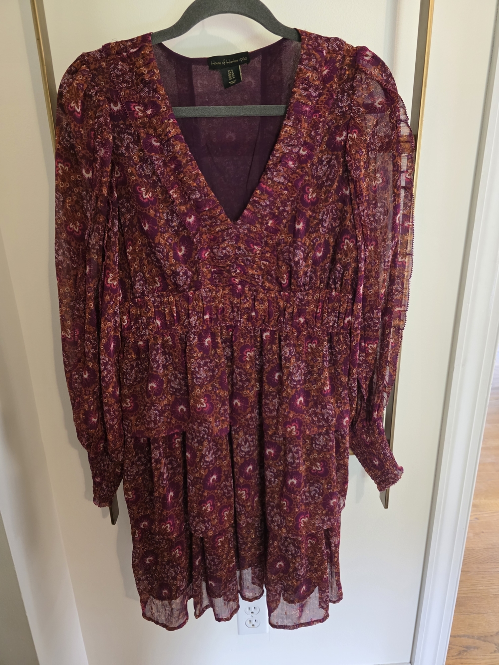 House of Harlow 1960 Plum Floral Long-Sleeve V-Neck Dress
